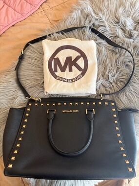 Michael Kors Black Studded Saffiano Satchel with Gold Hardware